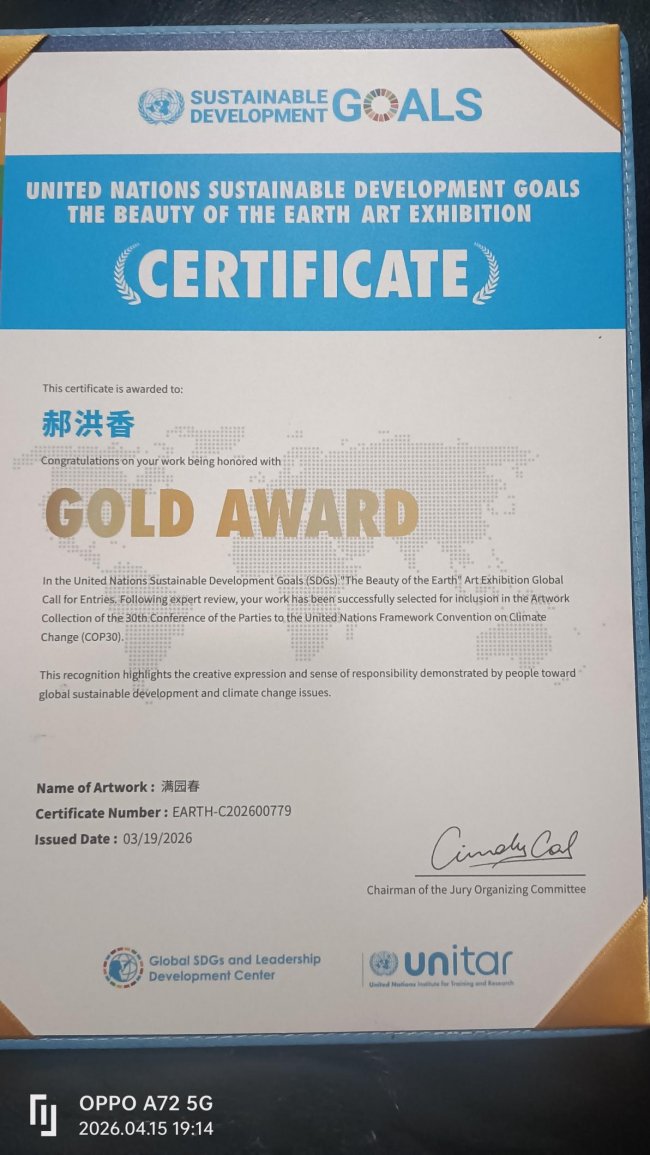 王清君代表（地球之美）艺术展组委给鲁绣传承人颁发国际荣誉